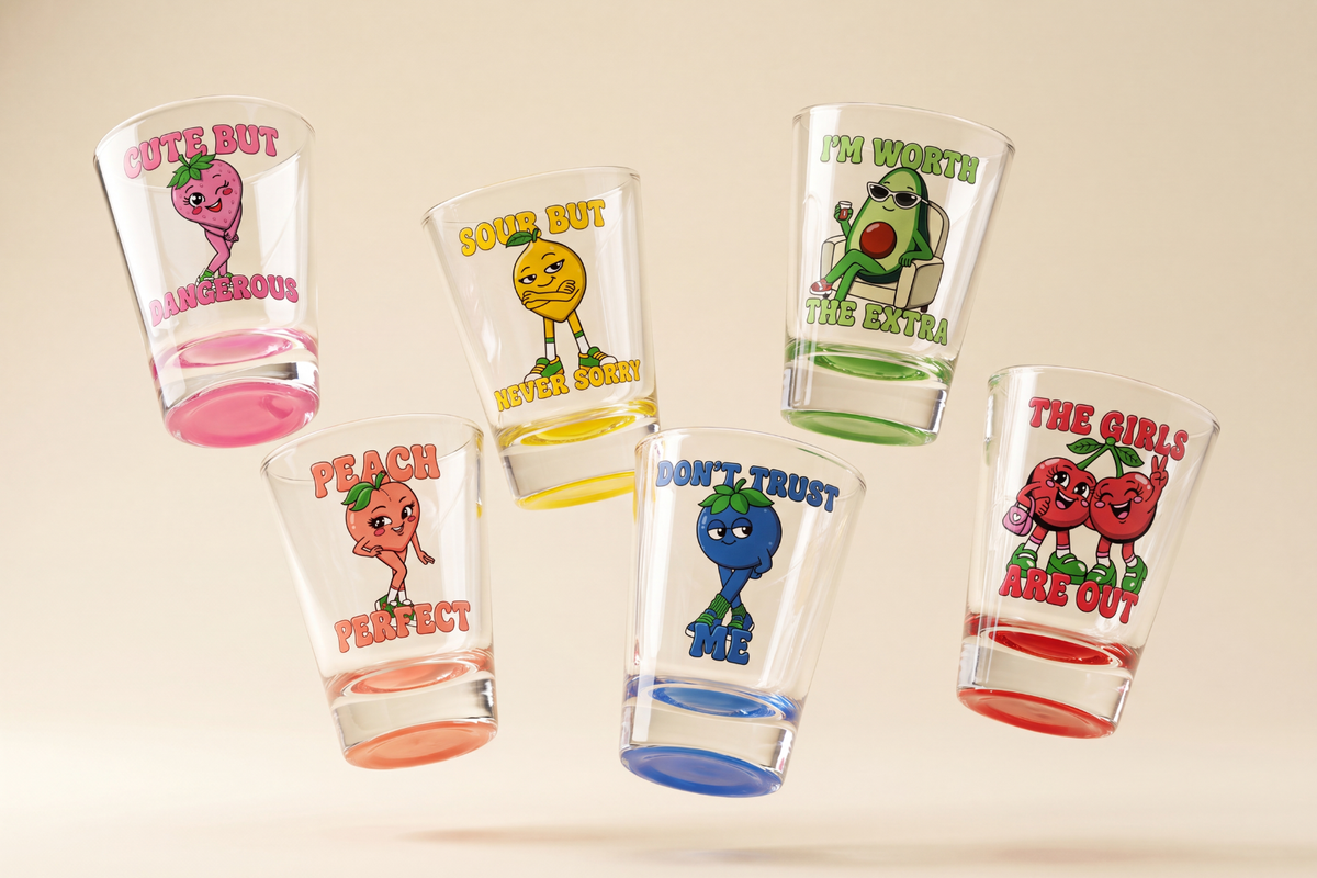 The Juicy Bunch — six fruit character shot glasses